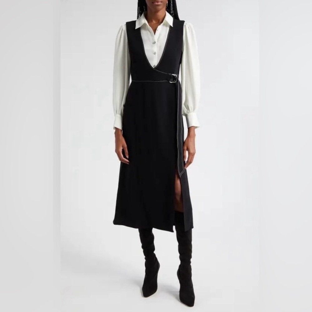 New Cinq a Sept Ambre Belted Midi Combo Crepe Shirt Dress Black White Sz 8 - Picture 3 of 10